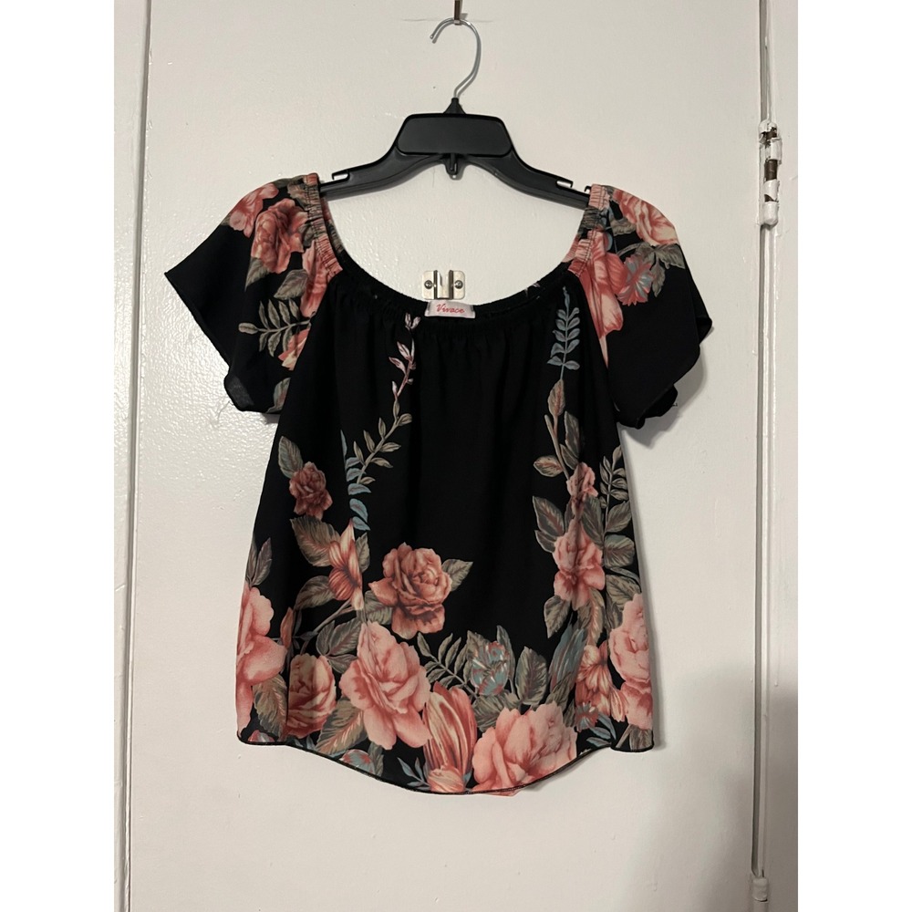 Vivace Womens 1XL Black Pink Floral Rose Off Shoulder Flutter Sleeve Blouse Top